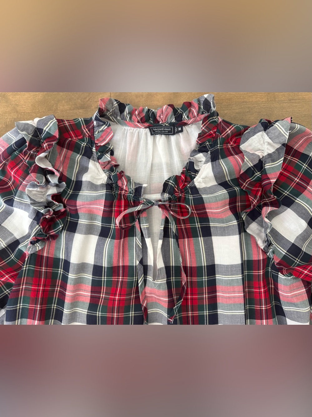 Vineyard Vines Womens Red Plaid V-Neck Ruffle Long Sleeve Relaxed Top, Size Med - Picture 4 of 5
